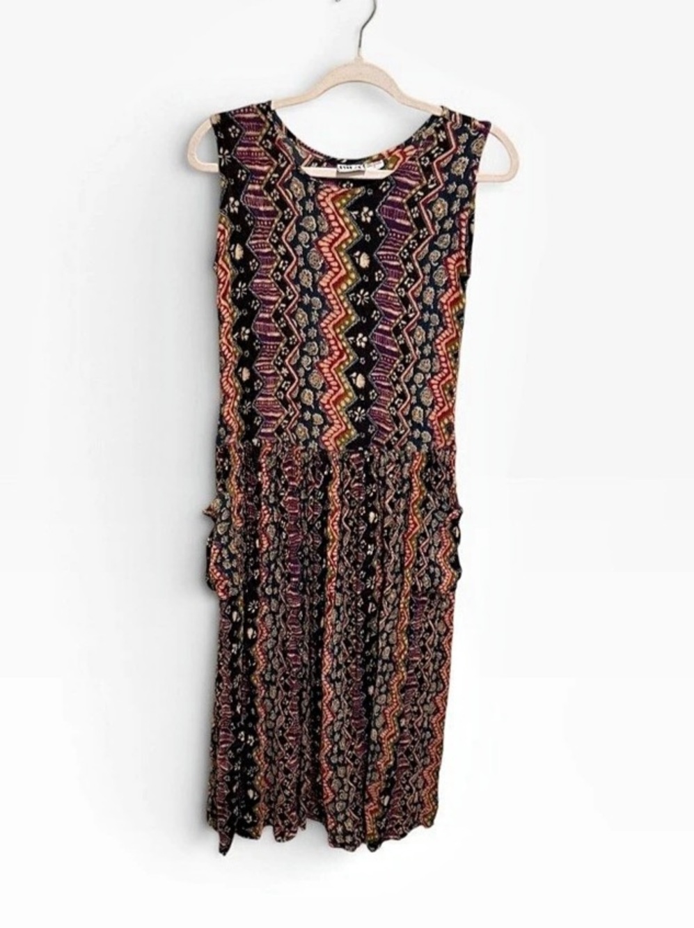 Vintage 90s Bila Crinkle Rayon Boho Midi Dress Zigzag Floral Print Pockets S